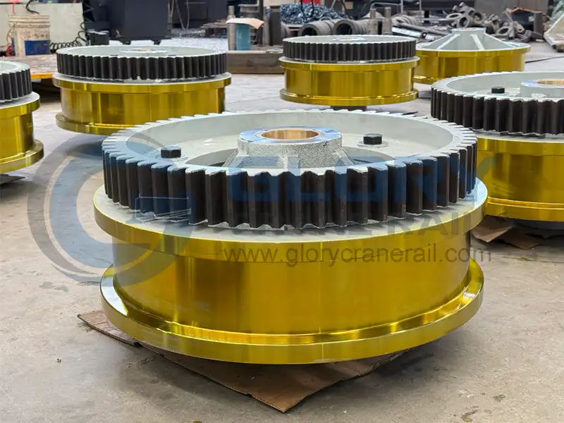 Large diameter crane wheel with gear teeth